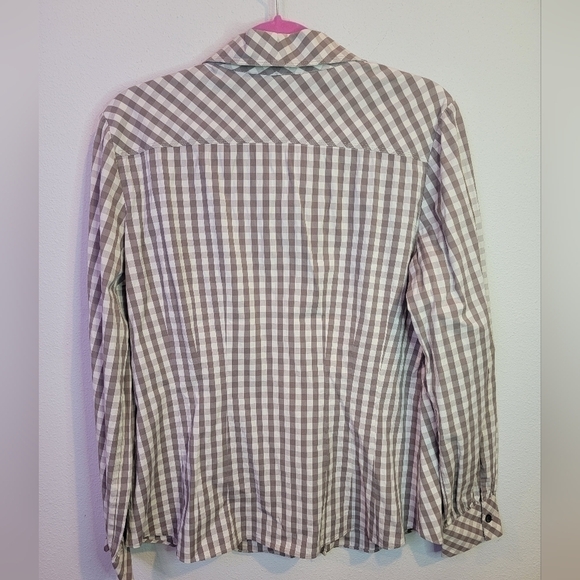 Lafayette 148 Taupe and Cream Plaid Gingham Button Down Blouse size 10 - Picture 4 of 9